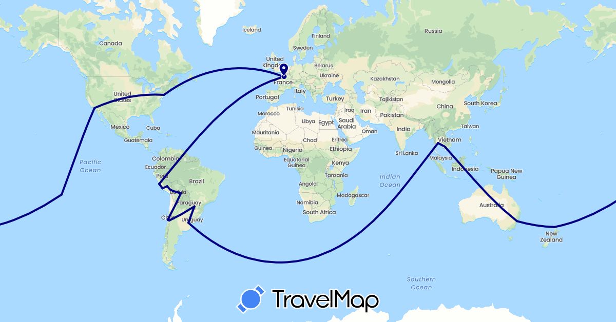 TravelMap itinerary: driving in Argentina, Australia, Bolivia, Chile, France, Cambodia, New Zealand, Peru, Thailand, United States (Asia, Europe, North America, Oceania, South America)